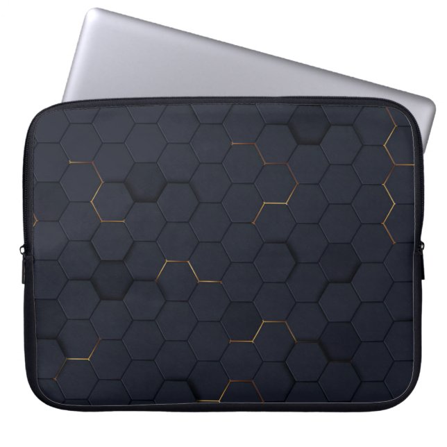 Elegant Black-Gold Hexagonal Pattern Laptop Sleeve (Front)