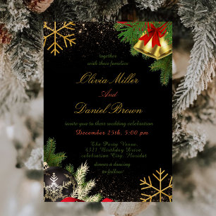 Elegant Black & Gold Holiday Christmas Wedding Invitation