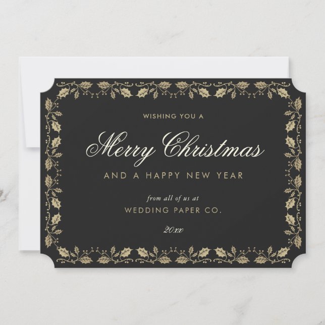 Elegant Black Gold Holly Business Christmas Card (Front)
