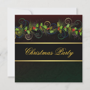 Elegant Black Gold Holly Christmas Party Invitation