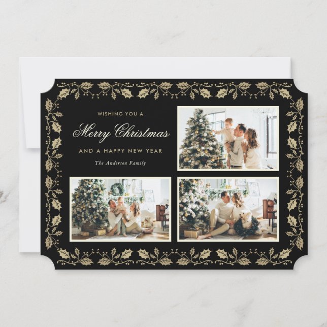 Elegant Black Gold Holly Family 3 Photo Christmas Holiday Card (Front)