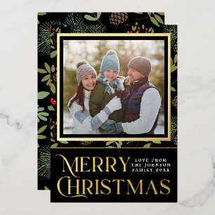 Elegant Black Gold Holly Merry Christmas Photo Foil Holiday Card