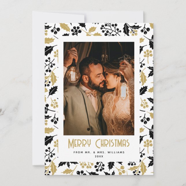 Elegant Black Gold Holly Newlywed Photo Christmas Holiday Card (Front)