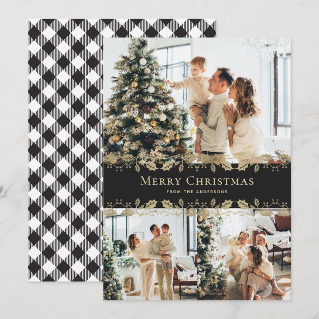 Elegant Black Gold Holly Plaid Photo Christmas Holiday Card (Front/Back)