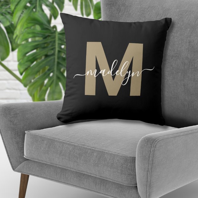 Elegant Black Gold Initial Name Monogram Cushion (Elegant Black Gold Initial Name Monogram Throw Pillow)