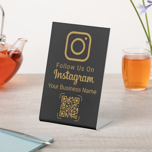 Elegant Black Gold Instagram Business Display Pedestal Sign (In SItu)