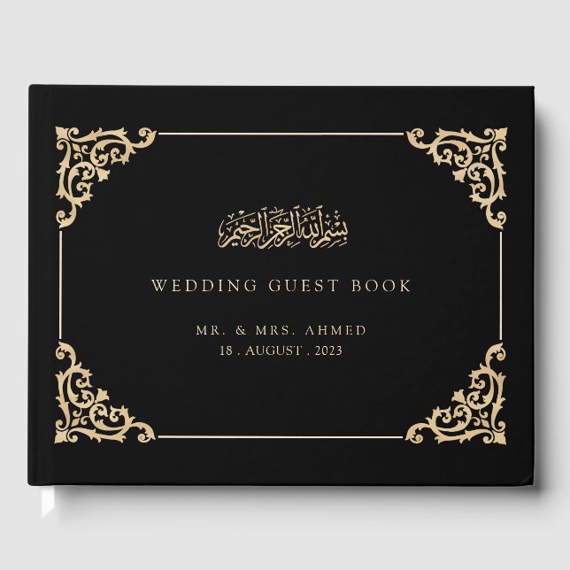 Elegant Black Gold Islamic Muslim Wedding Guest Book (Front)