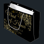 Elegant Black & Gold Lace Maid of Honour Wedding Large Gift Bag<br><div class="desc">This beautiful gift bag is designed as a wedding gift or favour bag for the Maid of Honour. It features a classic black background with golden faux foil lace curls and swirls in the corners. The gold script lettering reads "Maid of Honour" with a place to enter her name, the...</div>