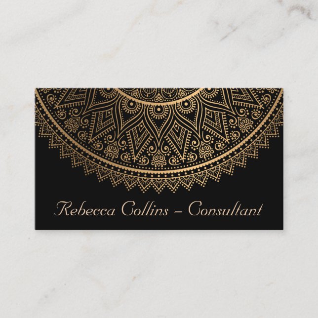 Elegant Black Gold Lace Mandala Business Card (Front)