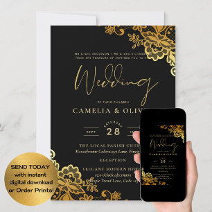 Elegant Black Gold Lace Modern Wedding Invitation