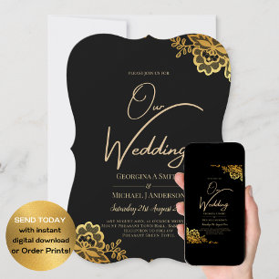 Elegant Black Gold Lace Modern Wedding Invitation