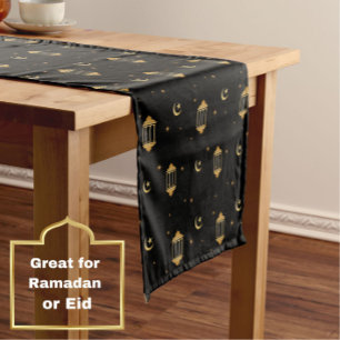 Elegant Black Gold Lanterns Moon Islamic Eid Short Table Runner