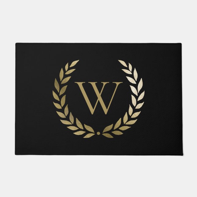 Elegant Black Gold Laruel Wreath Monogram Doormat (Front)