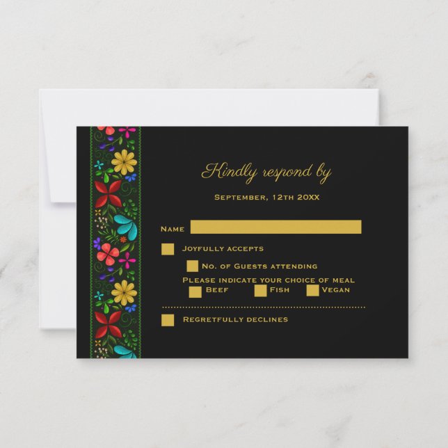 Elegant Black Gold Latin American Floral Wedding RSVP Card (Back)