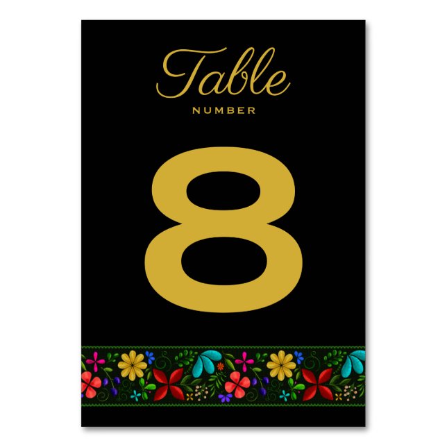 Elegant Black Gold Latin American Folk Floral Table Number (Front)