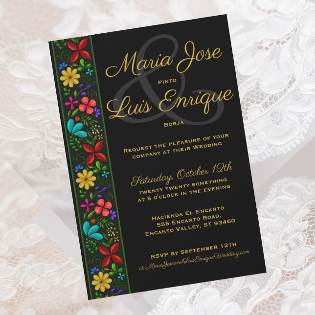 Elegant Black Gold Latin Folk Floral Wedding Invitation (Creator Uploaded)