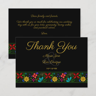 Elegant Black Gold Latin Folk Floral Wedding Thank You Card
