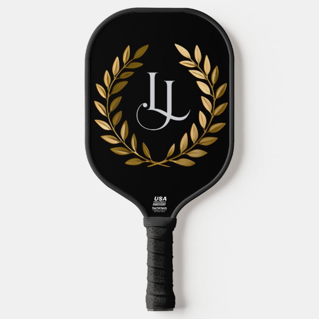 Elegant Black & Gold Laurel Monogram Pickleball Pa Pickleball Paddle (Front)