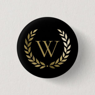Elegant Black Gold Laurel Wreath Monogram 3 Cm Round Badge
