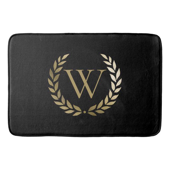 Elegant Black Gold Laurel Wreath Monogram Bath Mat (Front)