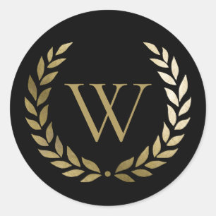 Elegant Black Gold Laurel Wreath Monogram Classic Round Sticker