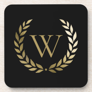 Elegant Black Gold Laurel Wreath Monogram Coaster