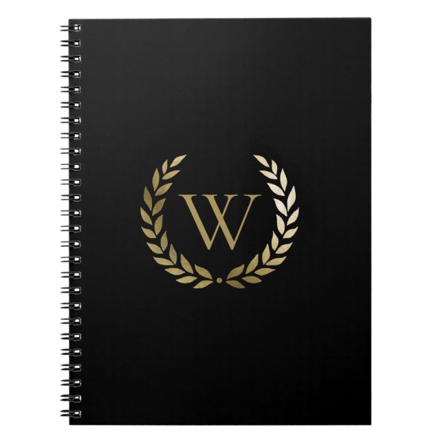 Elegant Black Gold Laurel Wreath Monogram Notebook (Front)