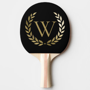 Elegant Black Gold Laurel Wreath Monogram Ping Pong Paddle