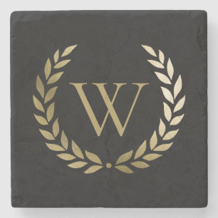 Elegant Black Gold Laurel Wreath Monogram Stone Coaster