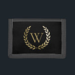 Elegant Black Gold Laurel Wreath Monogram Trifold Wallet<br><div class="desc">this elegant wallet features your monogram in faux gold framed by a matching gold laurel wreath on a black background. Back of the luggage tag has a slot for your contact information. Designed by Susan Coffey.</div>