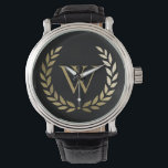 Elegant Black Gold Laurel Wreath Monogram Watch<br><div class="desc">This elegant personalised watch features a faux gold monogram framed with a gold laurel wreath on a simple black background. Designed by Susan Coffey.</div>