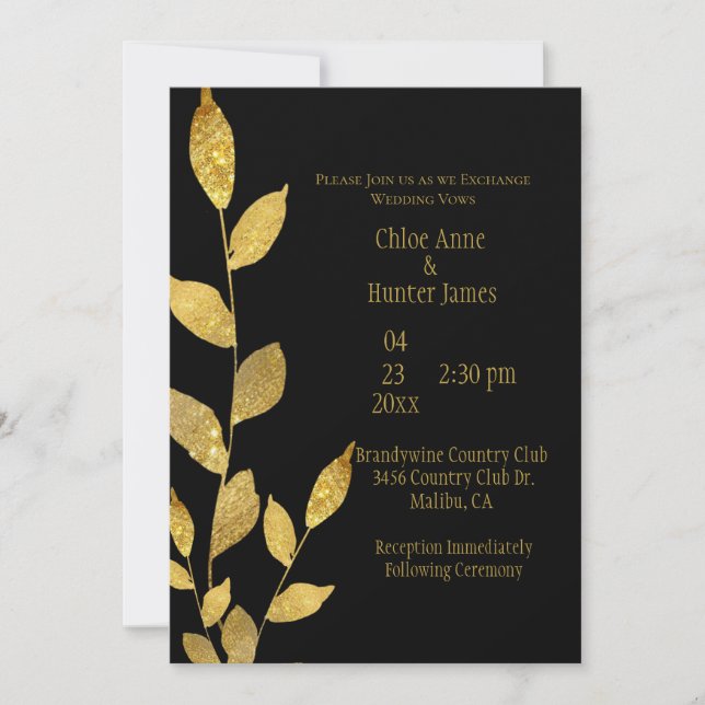 Elegant Black Gold Leaf Modern Chic Wedding Invitation (Front)