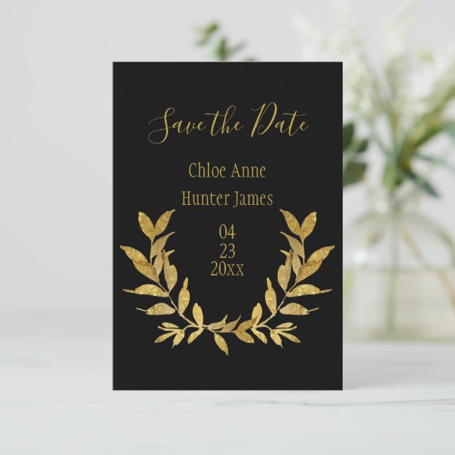 Elegant Black Gold Leaf Modern Minimalistic Save The Date (Standing Front)