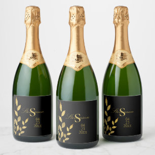 Elegant Black Gold Leaf Modern Monogram Wedding Sparkling Wine Label