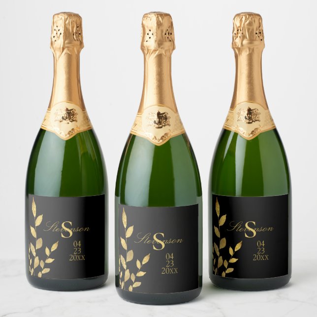 Elegant Black Gold Leaf Modern Monogram Wedding Sparkling Wine Label (Bottles)