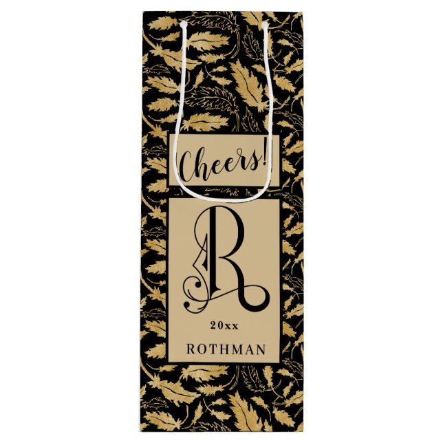 Elegant Black & Gold Leaf Pattern Monogram R Wine Gift Bag (Front)
