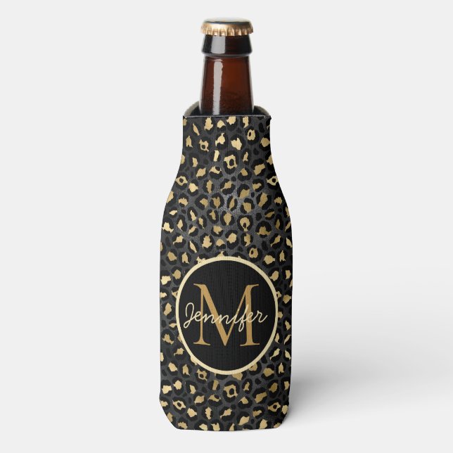 Elegant Black Gold Leopard Cheetah animal print Ca Bottle Cooler (Bottle Front)