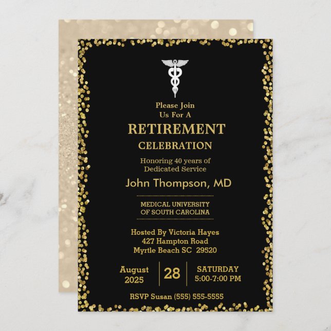 Elegant  Black & Gold Lights Doctor Retirement  Invitation (Front/Back)