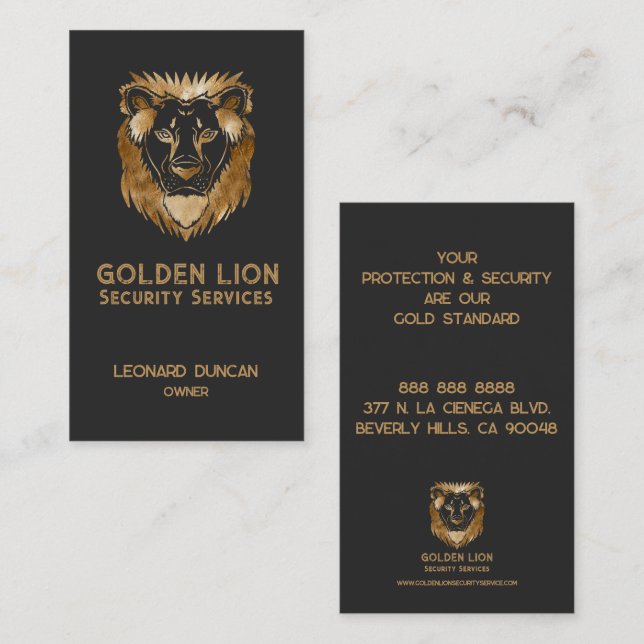 Elegant Black Gold Lion Security Services Business Card (Front/Back)