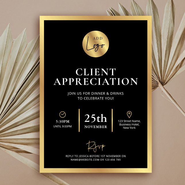 Elegant Black Gold Logo Client Appreciation Event Invitation (Elegant black and faux gold business  (client, staff or donor) appreciation event invitation)