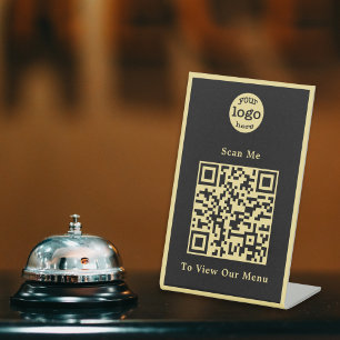 Elegant Black Gold Logo QR Code Restaurant Menu Pedestal Sign