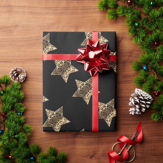 Elegant Black Gold Look Christmas Stars Pattern Wrapping Paper (Holiday Gift)