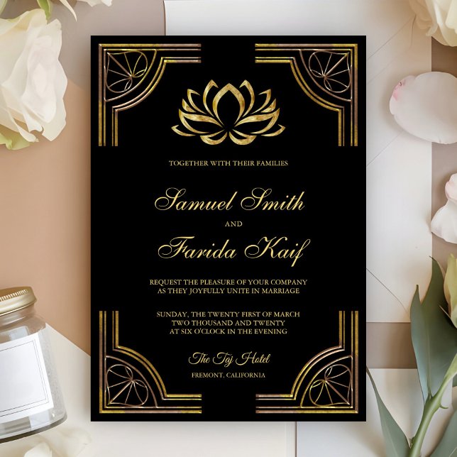 Elegant Black Gold Lotus Flower Wedding Invitation (Creator Uploaded)