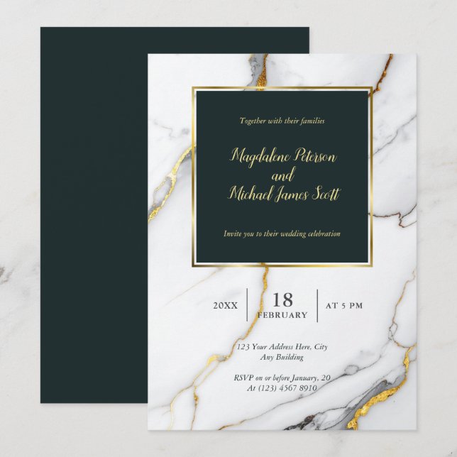 Elegant Black & Gold Marble Classic Script Wedding Invitation (Front/Back)