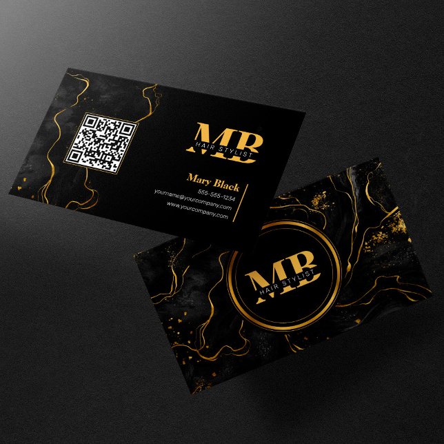 Elegant Black Gold Marble Initial Hair QR Code Business Card (Creator Uploaded)