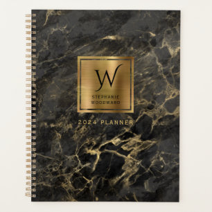 Elegant Black Gold Marble Monogram 2024 Planner