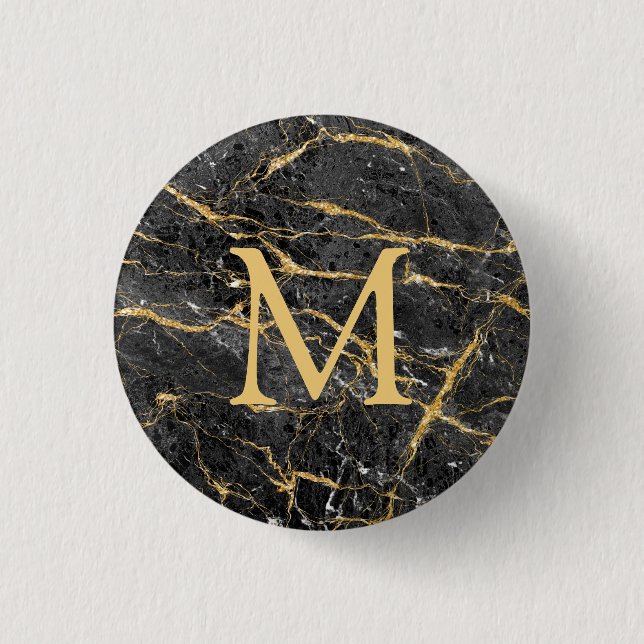 Elegant Black Gold Marble Monogram  3 Cm Round Badge (Front)