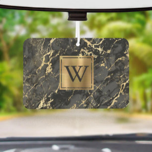 Elegant Black Gold Marble Monogram Car Air Freshener