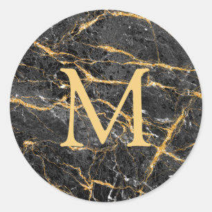 Elegant Black Gold Marble Monogram Classic Round Sticker