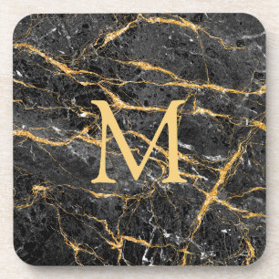 Elegant Black Gold Marble Monogram Coaster